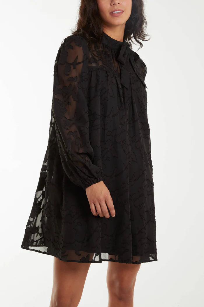 Black Sheer Flocked Bow Mini Dress
