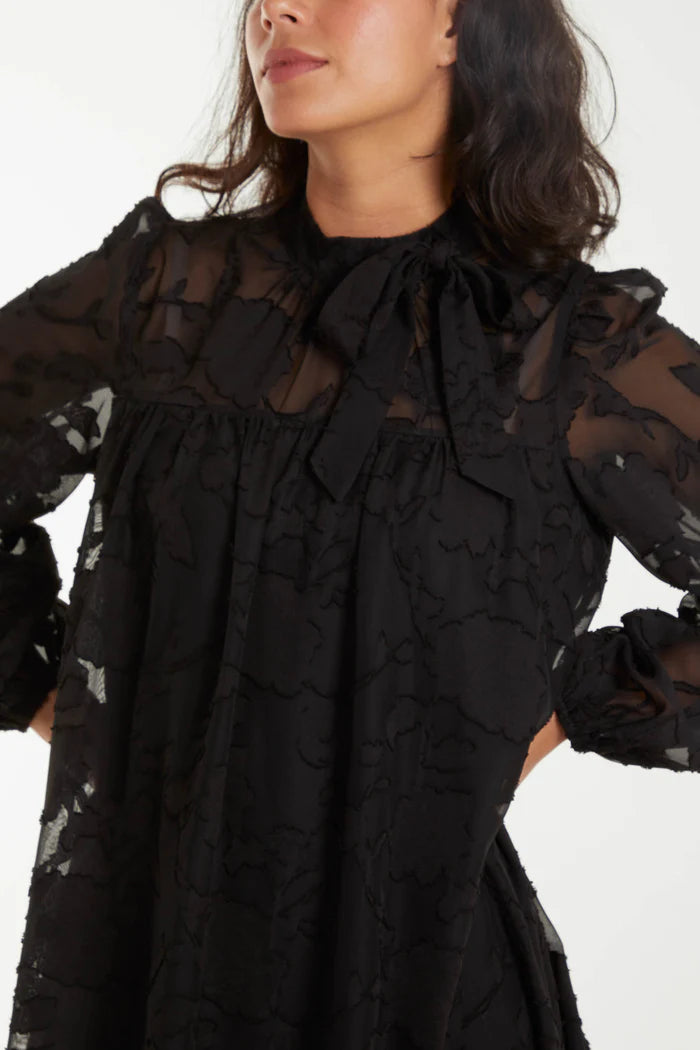 Black Sheer Flocked Bow Mini Dress