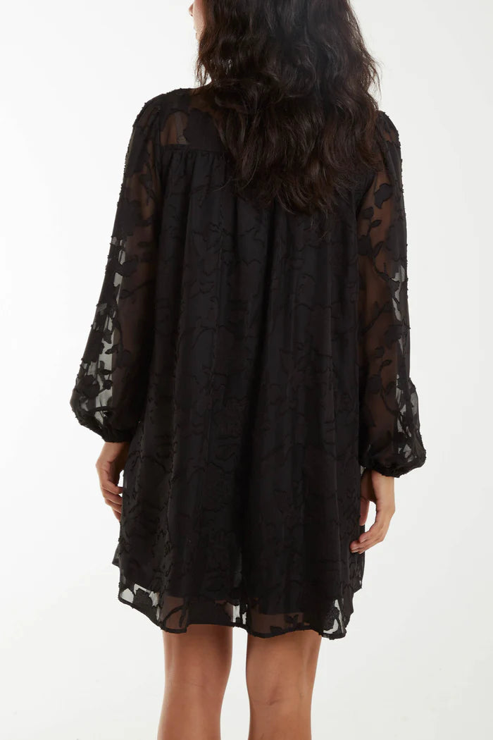 Black Sheer Flocked Bow Mini Dress
