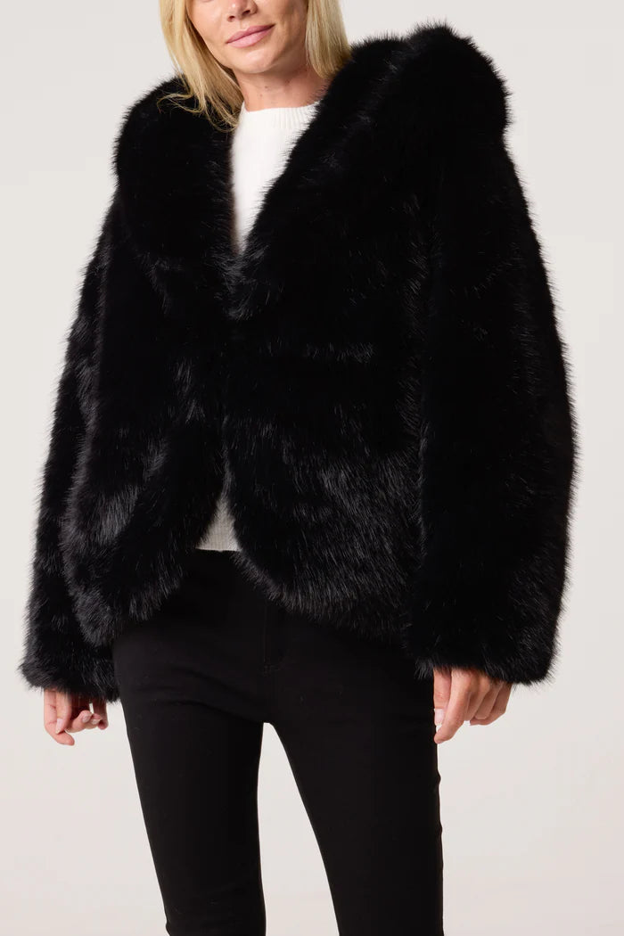 Black Hooded Faux Fur Short Coat