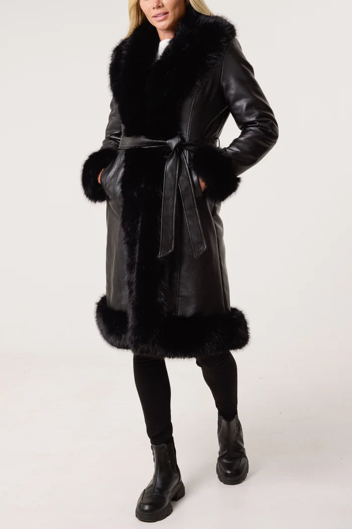 Black Belted PU Faux Fur Trim Long Coat