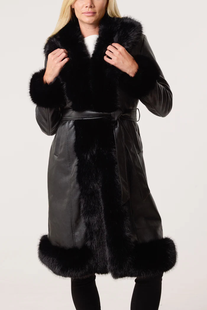 Black Belted PU Faux Fur Trim Long Coat