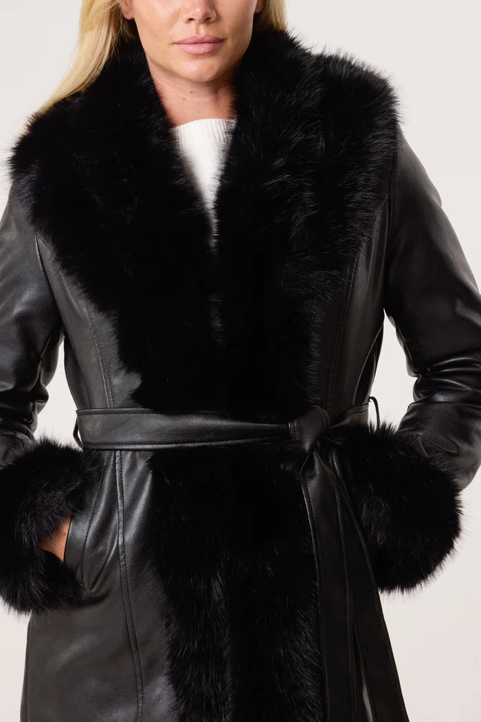 Black Belted PU Faux Fur Trim Long Coat