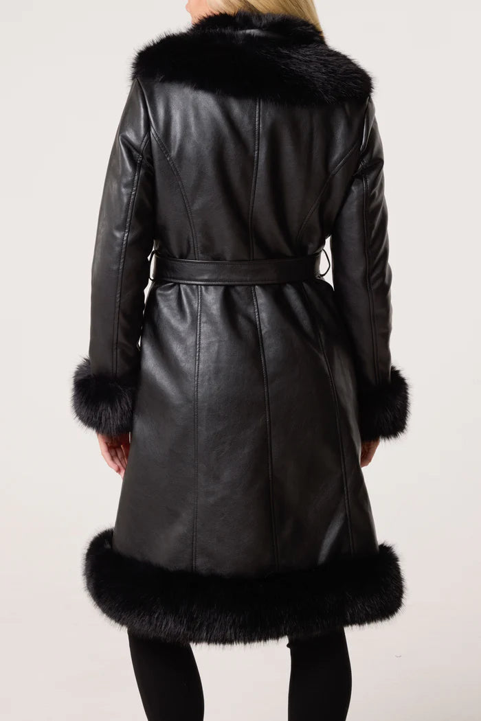 Black Belted PU Faux Fur Trim Long Coat