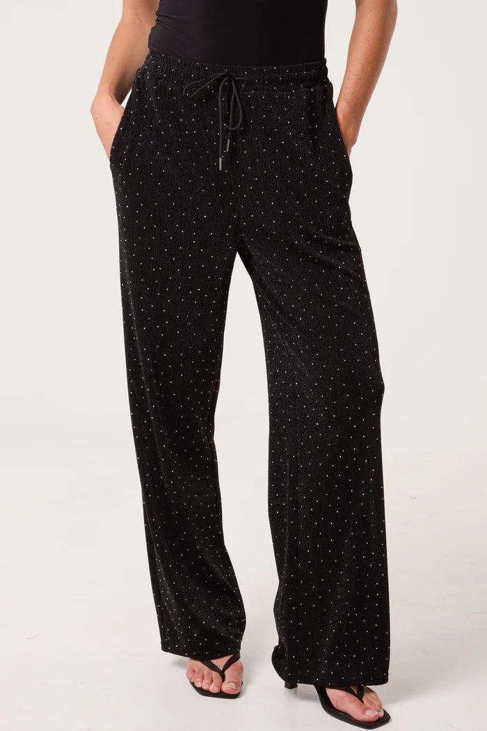 Black Rhinestone And Sparkle Drawstring Trousers