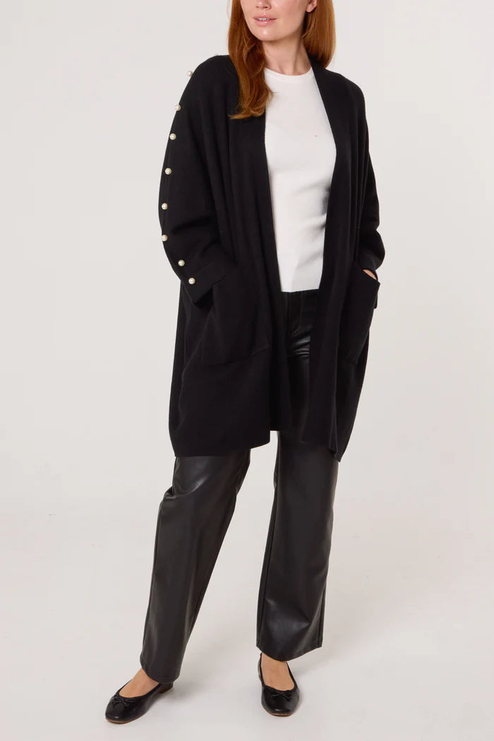 Black Pearl Sleeve Midi Cardigan