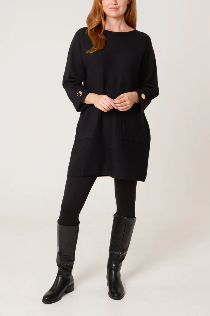 Black Gold Button Pocket Tunic Dress