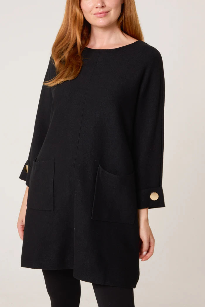 Black Gold Button Pocket Tunic Dress