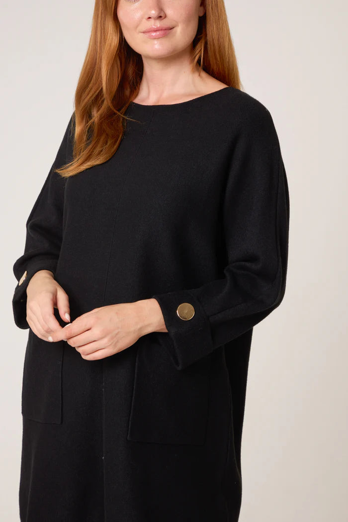 Black Gold Button Pocket Tunic Dress