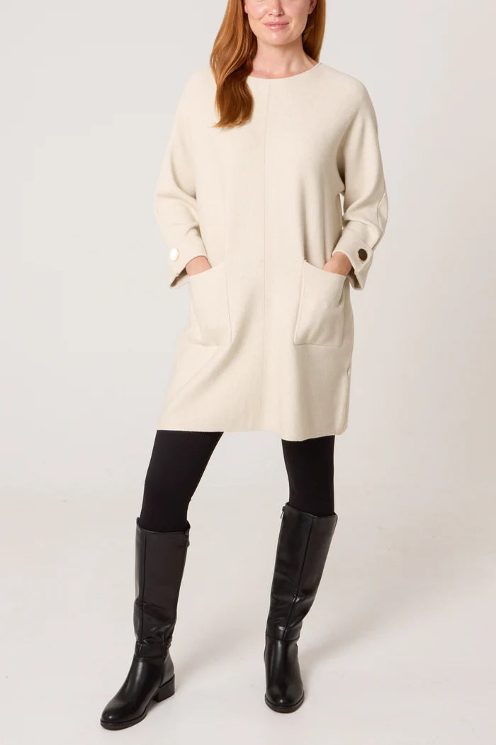 Cream Gold Button Pocket Tunic Dress