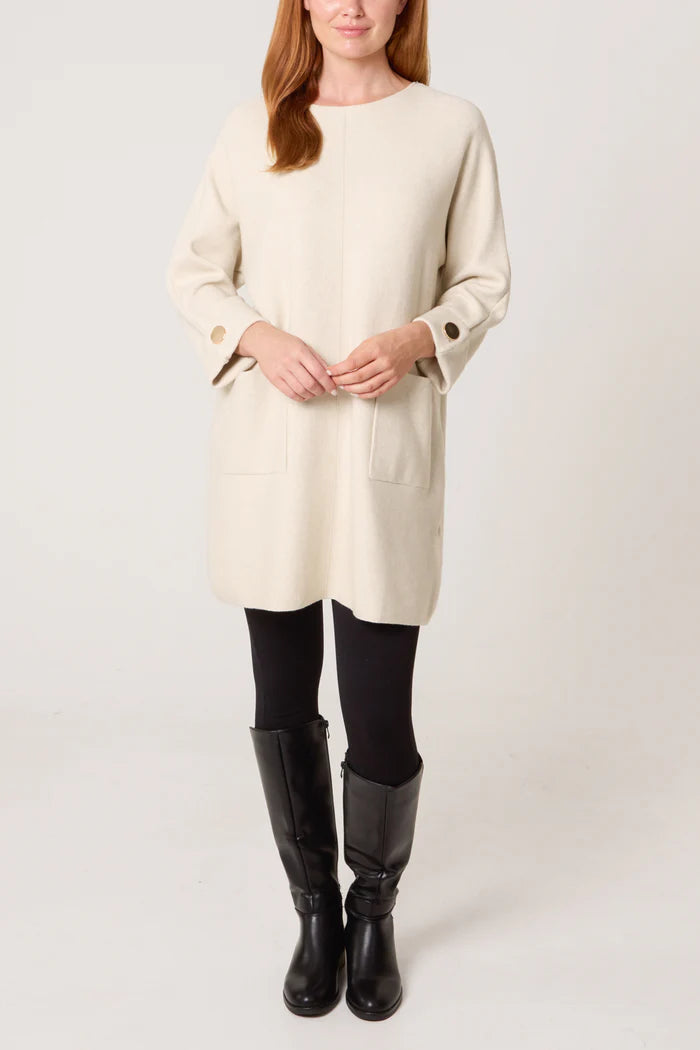 Cream Gold Button Pocket Tunic Dress