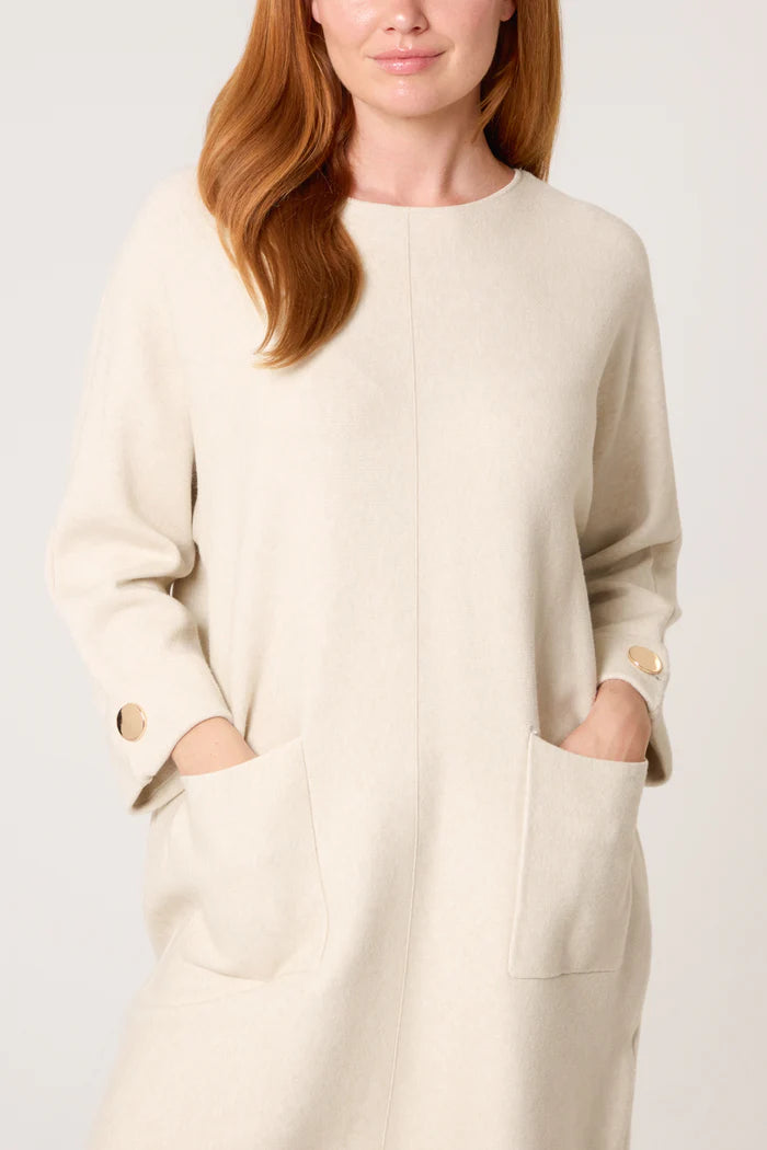 Cream Gold Button Pocket Tunic Dress