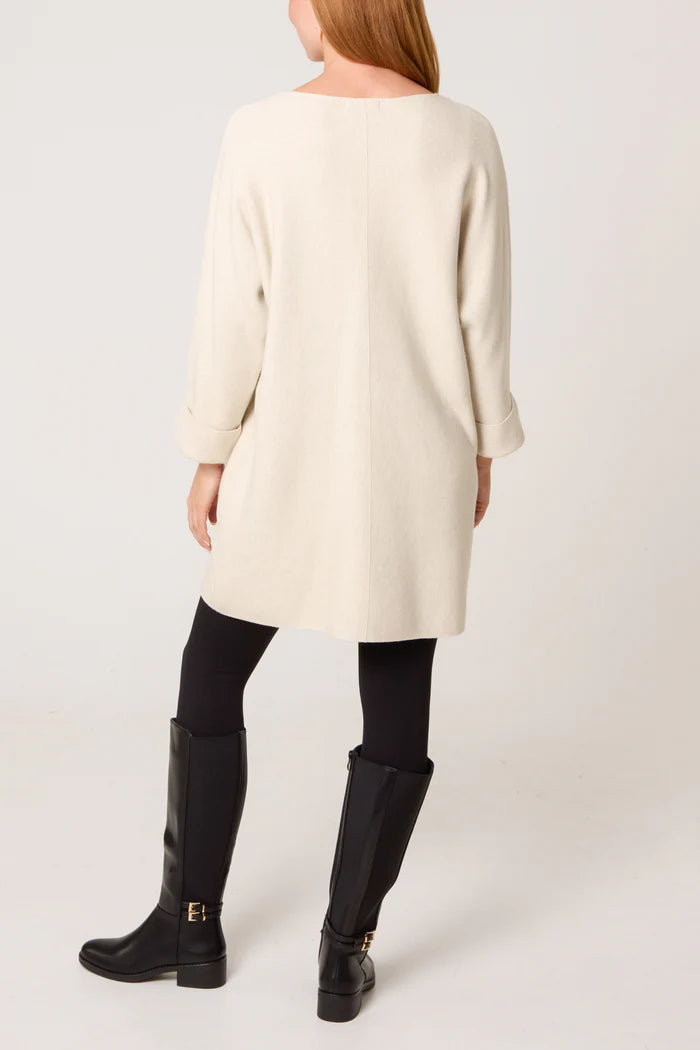 Cream Gold Button Pocket Tunic Dress