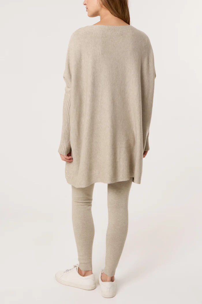 Beige Diamante Embellished Knitted Leggings and Jumper Set