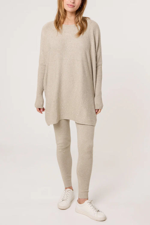 Beige Diamante Embellished Knitted Leggings and Jumper Set