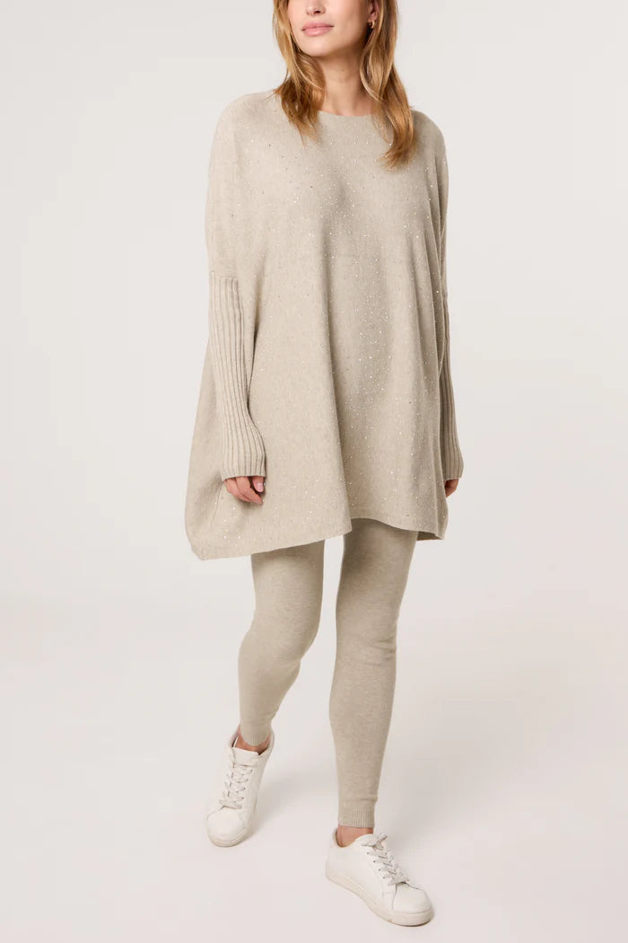 Beige Diamante Embellished Knitted Leggings and Jumper Set