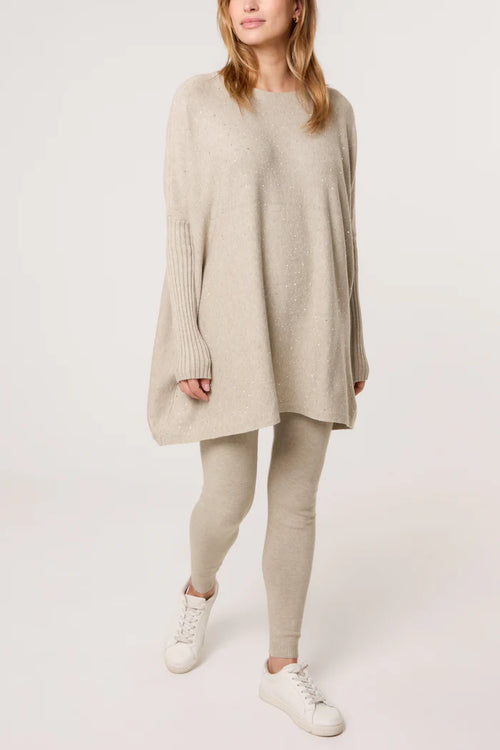 Beige Diamante Embellished Knitted Leggings and Jumper Set
