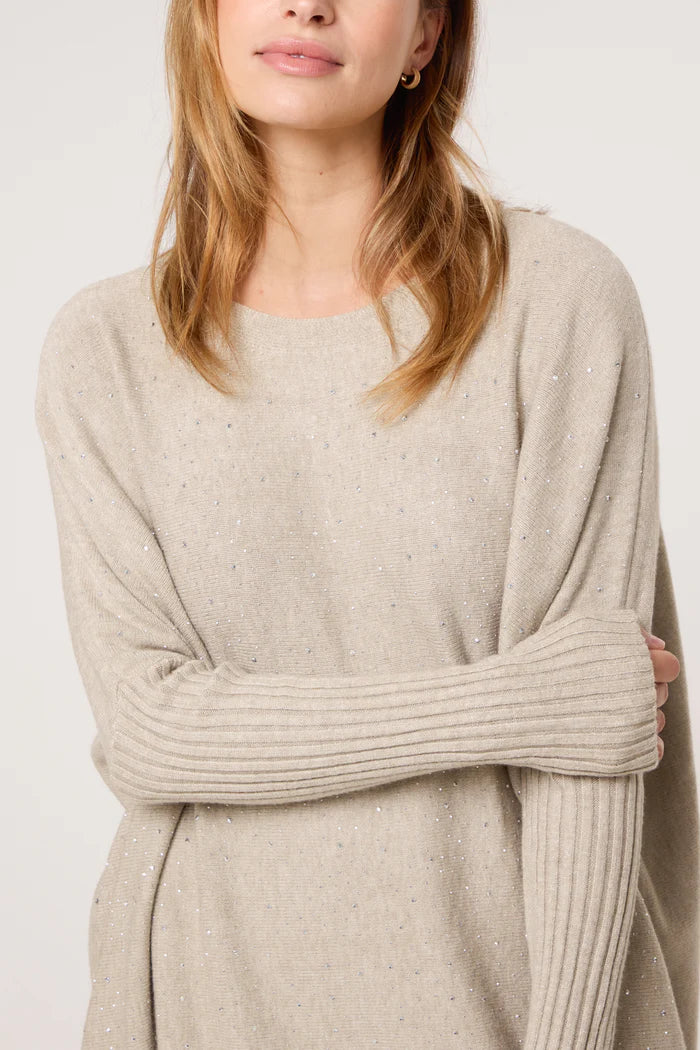 Beige Diamante Embellished Knitted Leggings and Jumper Set