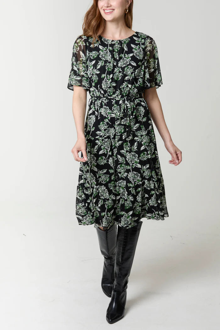 Green Rose Print Flutter Sleeve Midi Dress