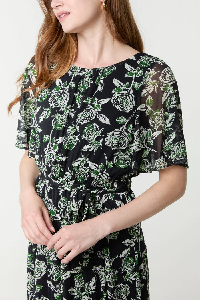 Green Rose Print Flutter Sleeve Midi Dress