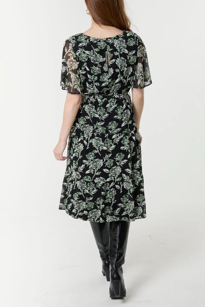Green Rose Print Flutter Sleeve Midi Dress