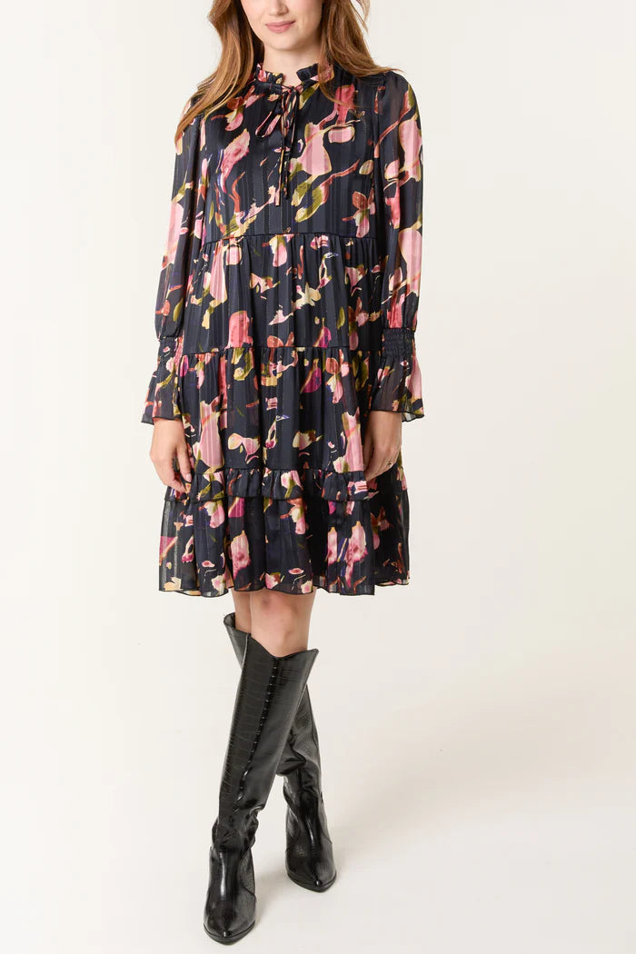 Black Tie Neck Floral Chiffon Dress