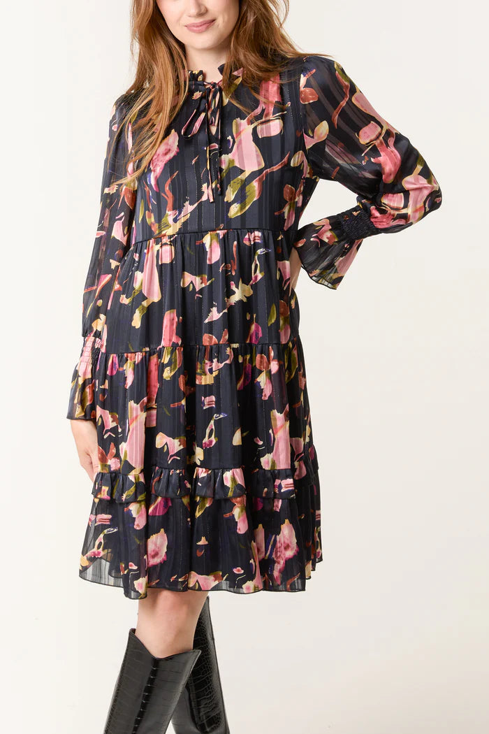 Black Tie Neck Floral Chiffon Dress