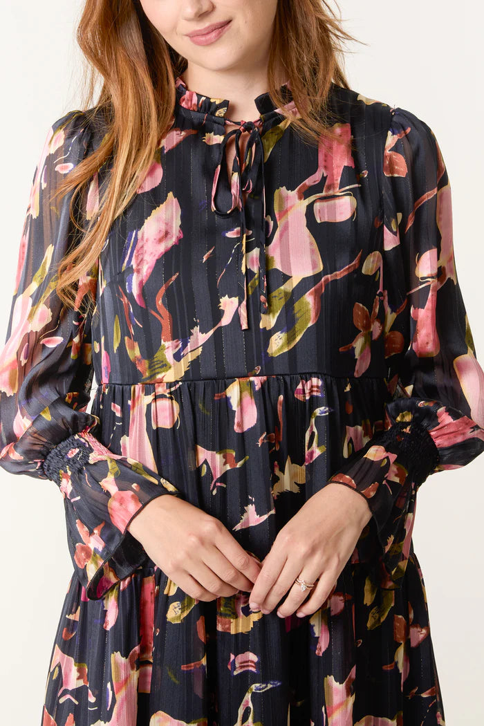 Black Tie Neck Floral Chiffon Dress