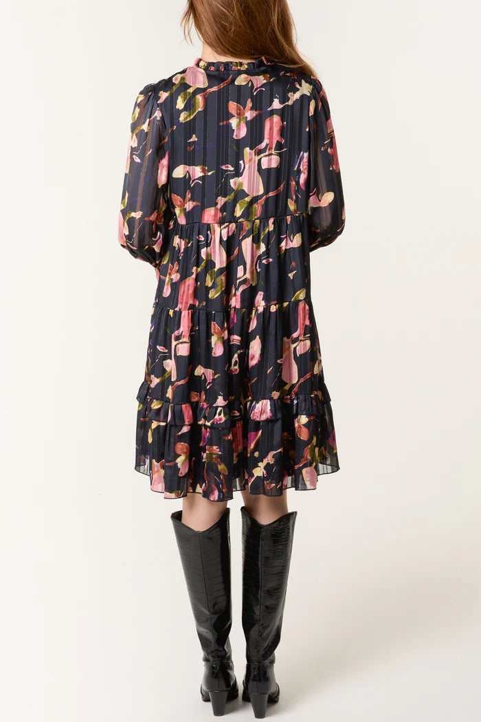 Black Tie Neck Floral Chiffon Dress