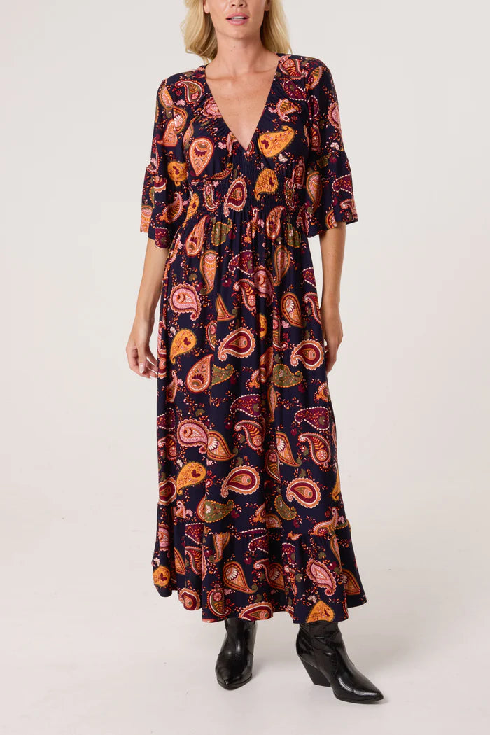 Retro Paisley Print Shirred Maxi Dress