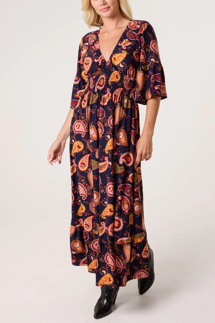 Retro Paisley Print Shirred Maxi Dress