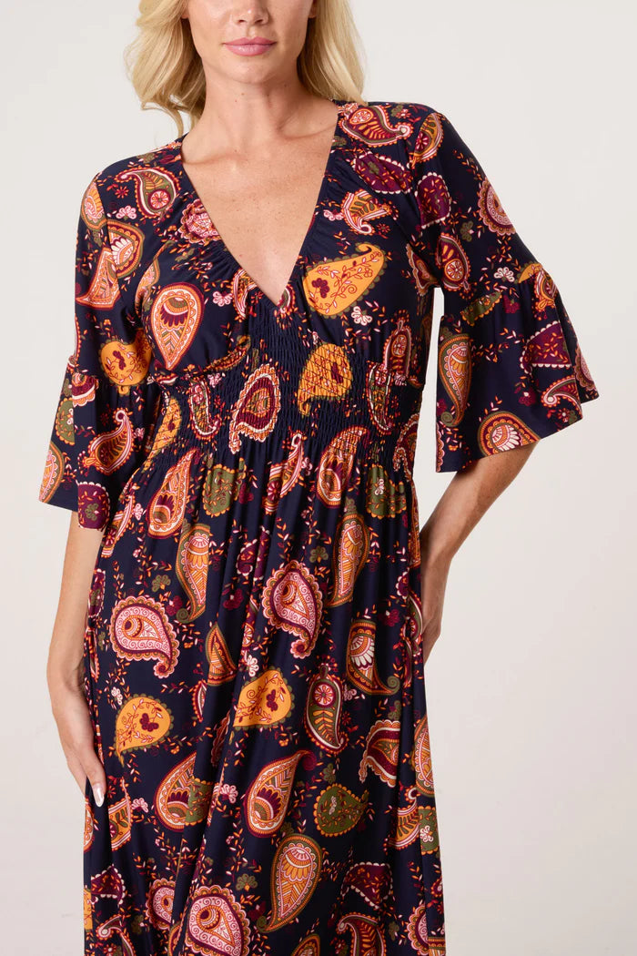 Retro Paisley Print Shirred Maxi Dress