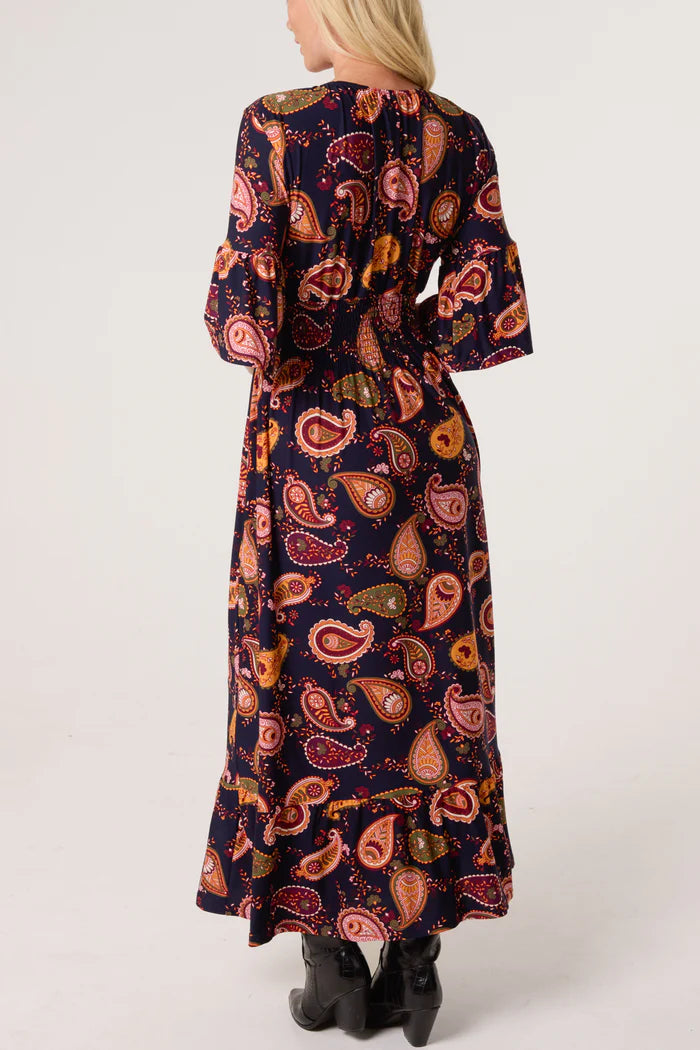 Retro Paisley Print Shirred Maxi Dress