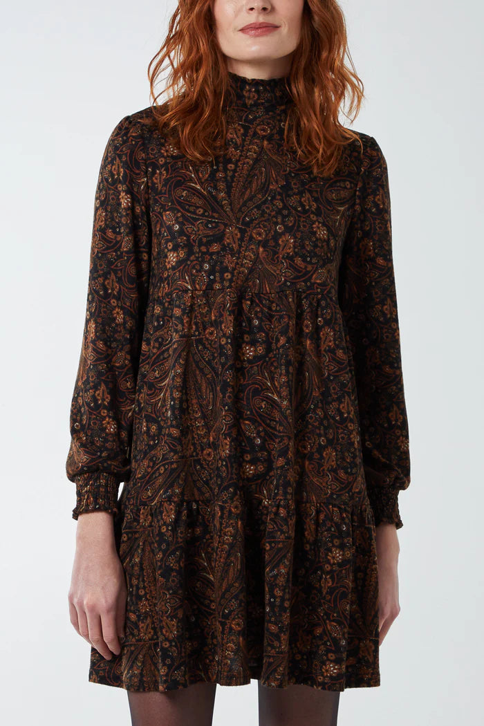 Brown Paisley Print Mini Smock Dress