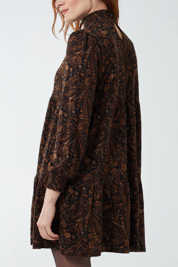 Brown Paisley Print Mini Smock Dress