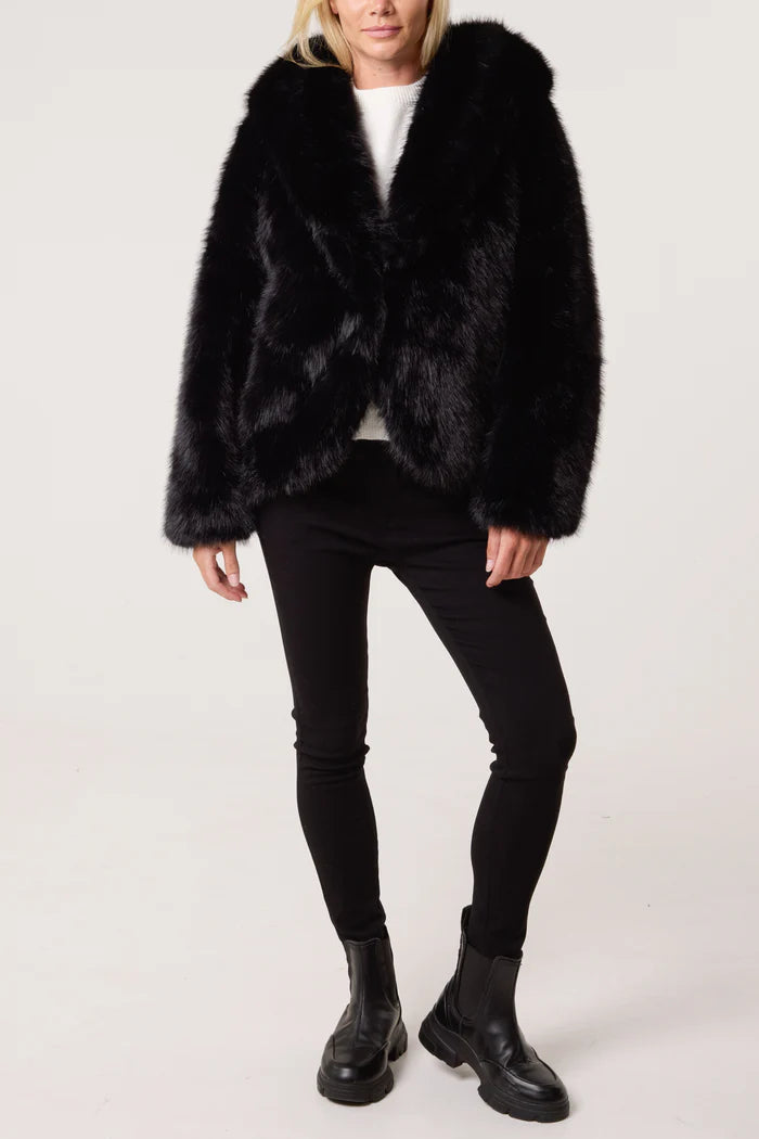 Black Hooded Faux Fur Short Coat