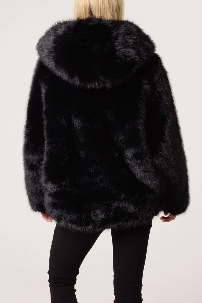 Black Hooded Faux Fur Short Coat