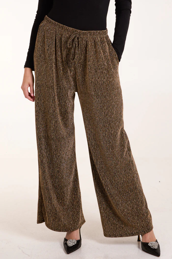 Gold Glitter Elastic Waist Wide Leg Trousers
