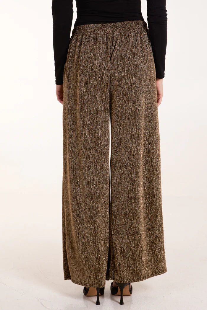 Gold Glitter Elastic Waist Wide Leg Trousers