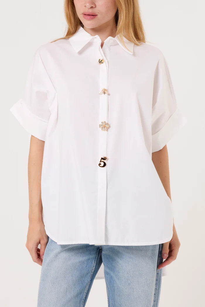 White Gold Brooch Button Statement Shirt