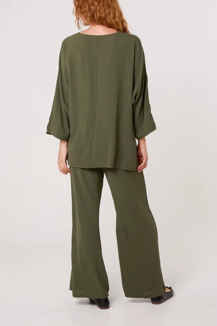 Khaki Green Buckle Detail Top and Trousers Set