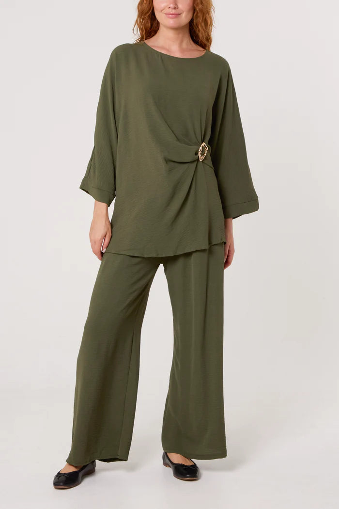 Khaki Green Buckle Detail Top and Trousers Set