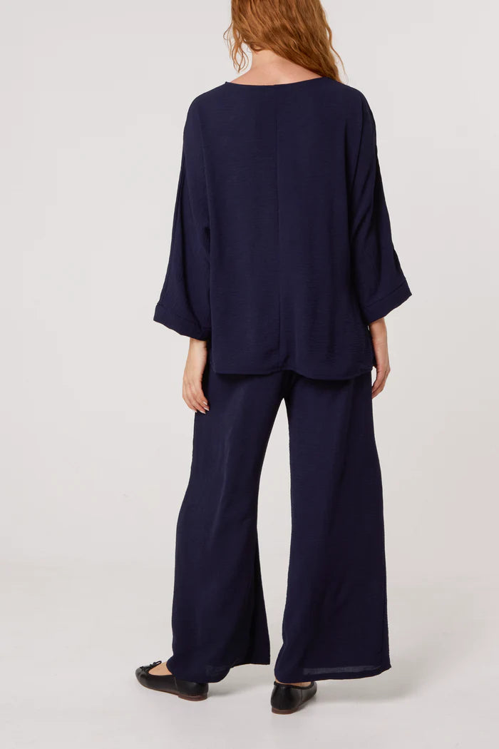 Navy Buckle Detail Top And Trousers Set