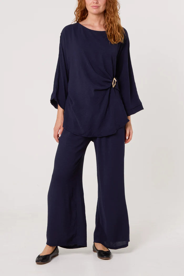 Navy Buckle Detail Top And Trousers Set