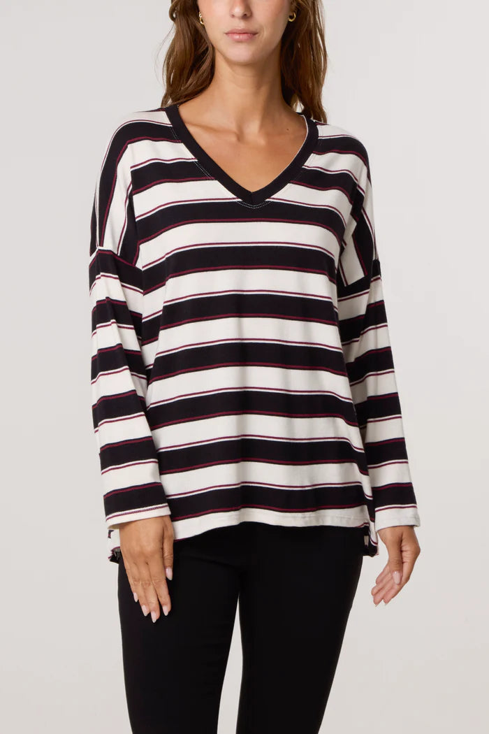 Black Stripe V Neck Light Knit Jumper