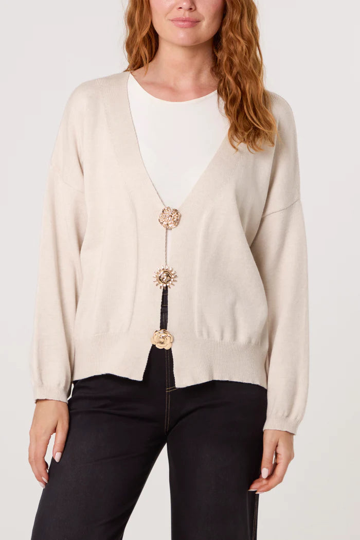 Beige Gold Brooch Puffball Sleeve Light Knit Cardigan