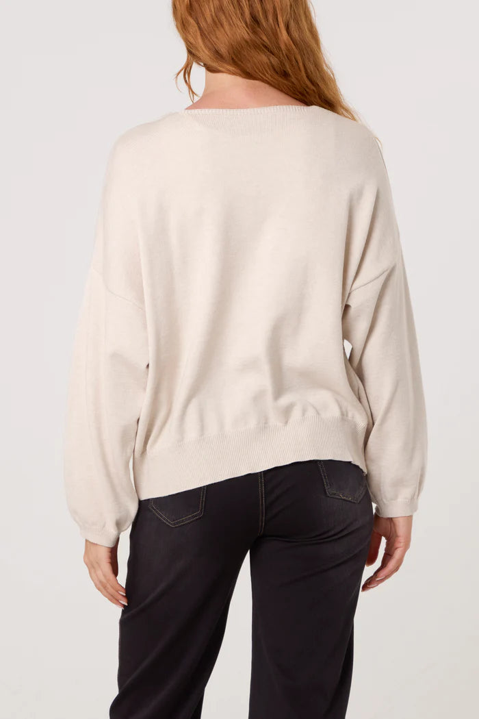 Beige Gold Brooch Puffball Sleeve Light Knit Cardigan