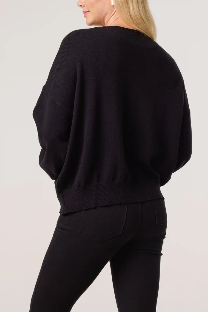 Black Gold Brooch Puffball Sleeve Light Knit Cardigan