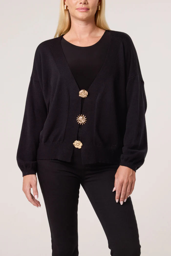 Black Gold Brooch Puffball Sleeve Light Knit Cardigan
