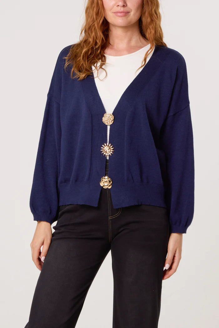 Navy Gold Brooch Puffball Sleeve Light Knit Cardigan